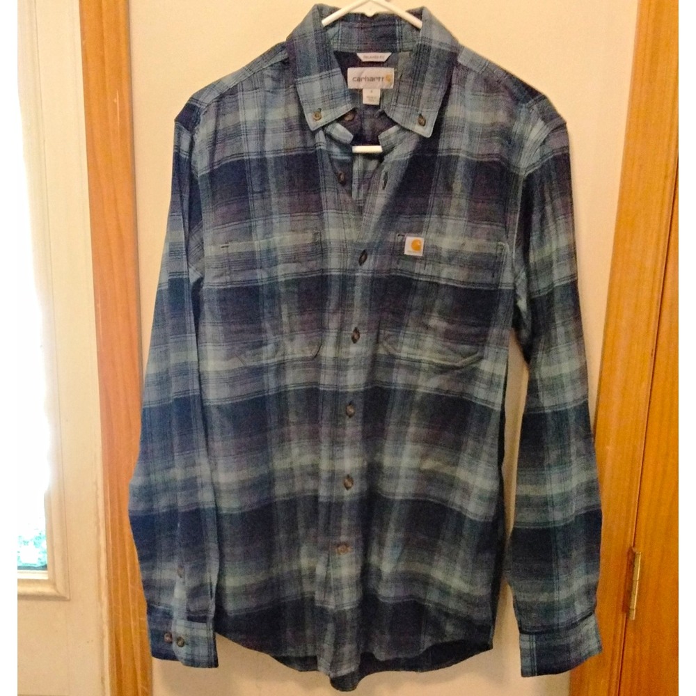 Carhartt Relaxed Fit Blue Plaid Flannel Long Sleeve Button-Up Shirt Mens S